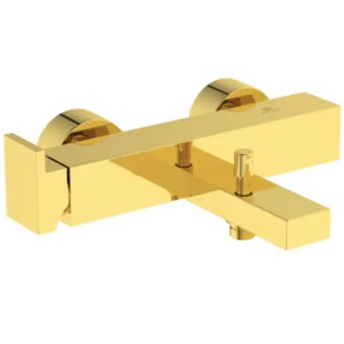 Goldene Badearmatur von Ideal Standard mit zwei Betätigungselementen und Auslauf. Klar strukturierte, rechteckige Form für eine moderne Badezimmergestaltung.